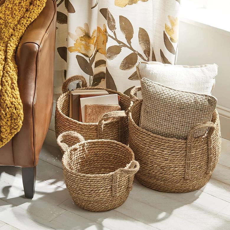 Round Braided Seagrass Woven Storage Basket With Jute Handles Rope Weave Circle-Shaped Basket Bin For Storage