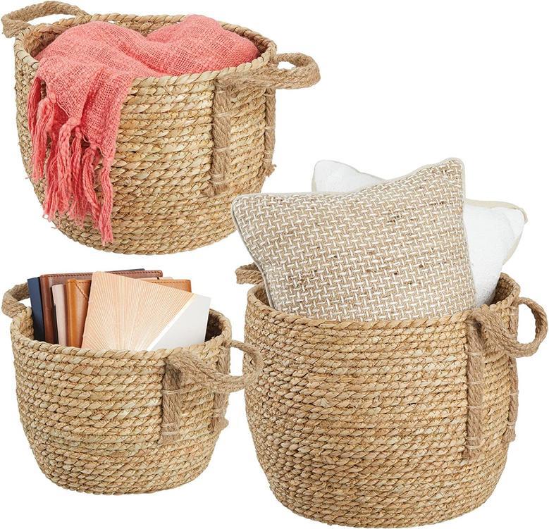 Round Braided Seagrass Woven Storage Basket With Jute Handles Rope Weave Circle-Shaped Basket Bin For Storage