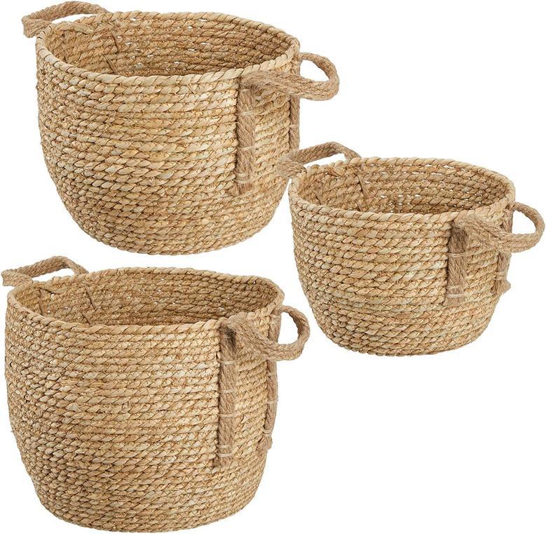 Round Braided Seagrass Woven Storage Basket With Jute Handles Rope Weave Circle-Shaped Basket Bin For Storage