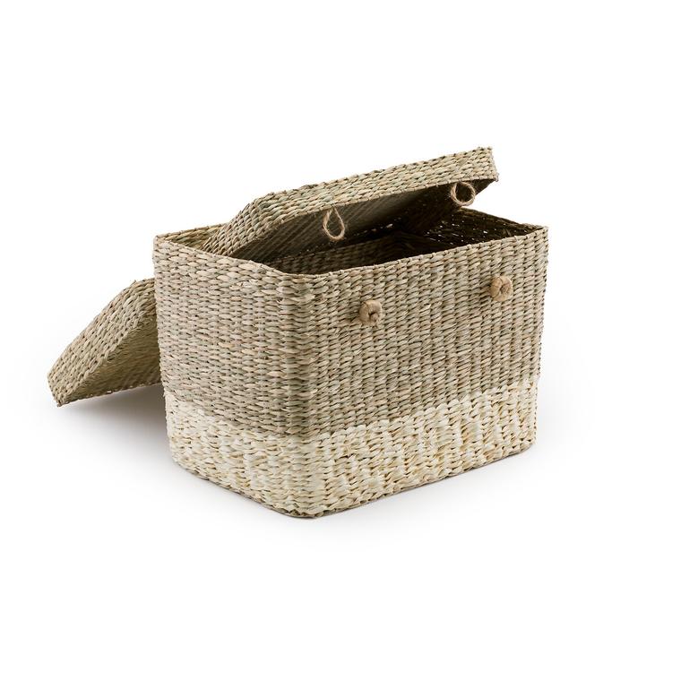 Set of 2 Natural Rectangle Seagrass Basket Storage For Sundries With Lids