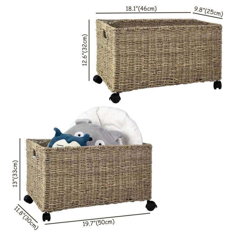 Set of 2 Rectangular Hand Woven Seagrass Storage Basket On Wheels For Home Storage Organization