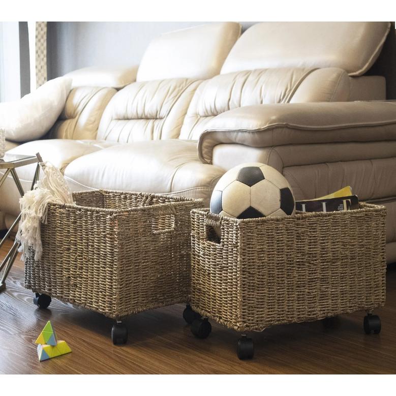 Set of 2 Rectangular Hand Woven Seagrass Storage Basket On Wheels For Home Storage Organization