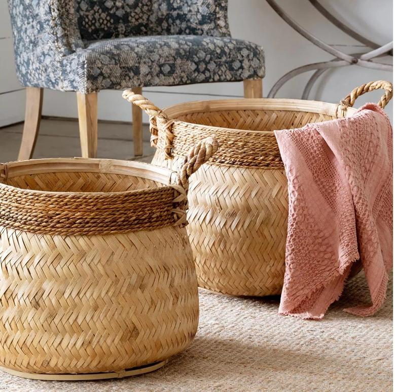 Set of 3 Bamboo Baskets Natural Handcrafted Bamboo Gifts Basket With Handles