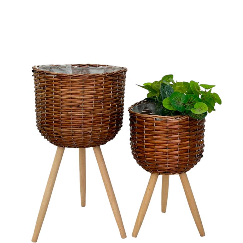 Set of 3 Brown Grass Rope Wood Planters Basket Flowerpot With Three Timber Toe And Plastic Lining