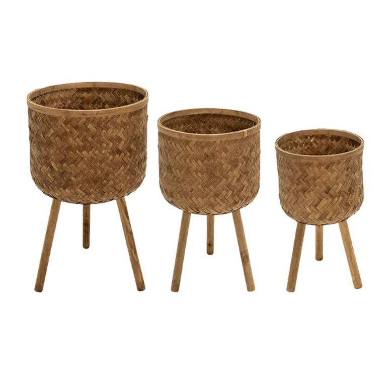 Set of 3 Brown Handcrafted Planter Natural Woven Bamboo Plant Pots Indoor Outdoor Usage Flower Pots