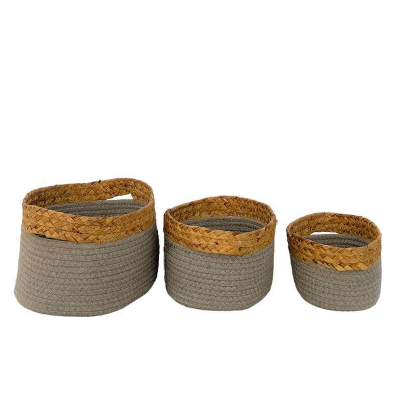Set of 3 Cotton Rope Water Hyacinth Grass Woven Basket For Home Storage Or Decorative