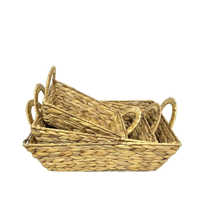 Set of 3 Craft Water Hyacinth Wicker Weaving Decor Basket With Metal Frame For Storage Organizing