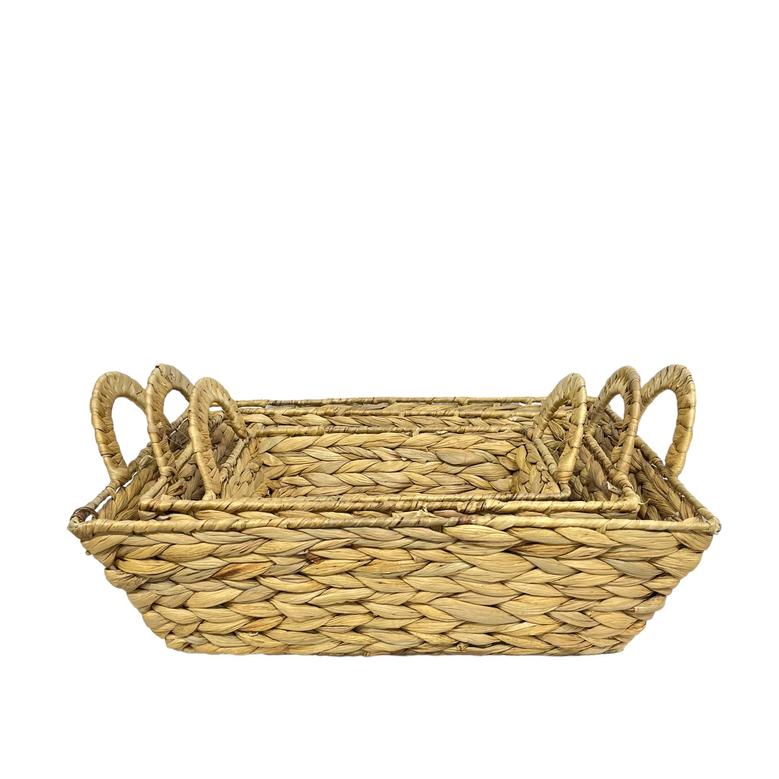 Set of 3 Craft Water Hyacinth Wicker Weaving Decor Basket With Metal Frame For Storage Organizing