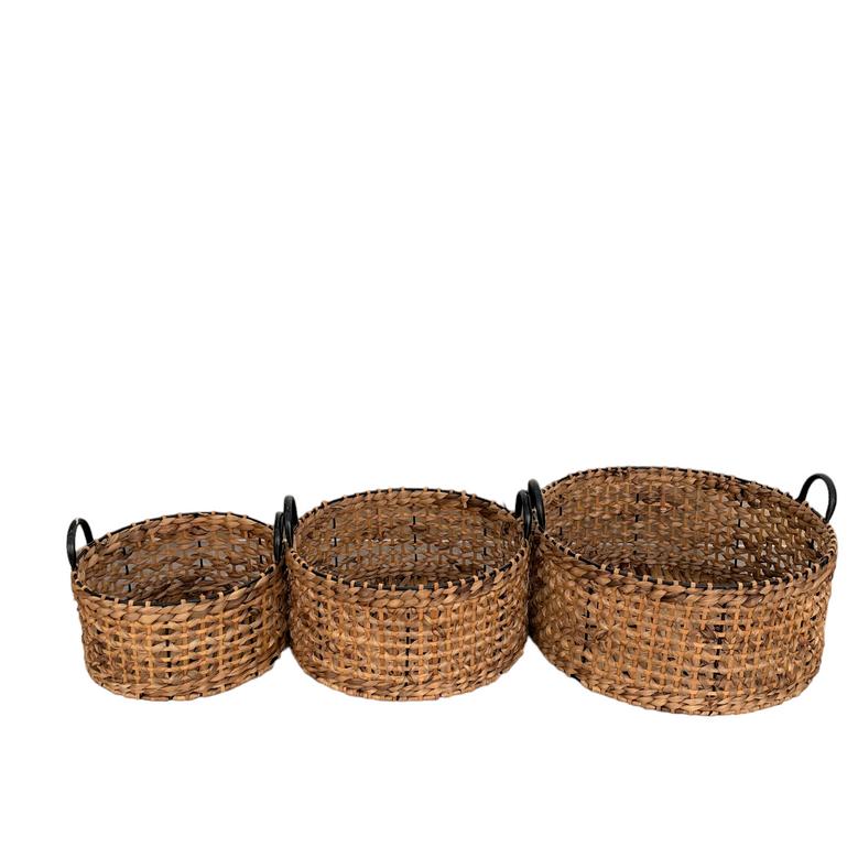 Set of 3 Handmade Round Shape Water Hyacinth Woven Wicker Basket