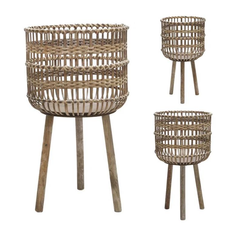 Set Of 3 Jute And Wooden Tripod Style Planter Stand For Outdoor And Indoor Decoration For Restaurants Outdoor Decoration