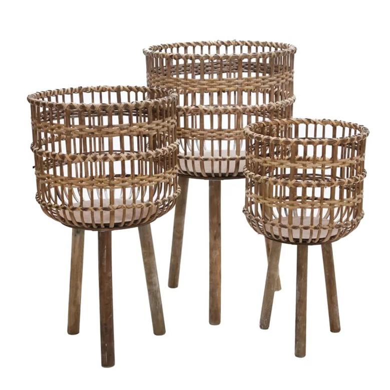 Set Of 3 Jute And Wooden Tripod Style Planter Stand For Outdoor And Indoor Decoration For Restaurants Outdoor Decoration