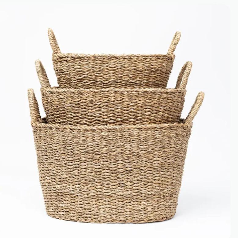 Set of 3 Oval Handicraft Wicker Seagrass Shopping Basket With Handle