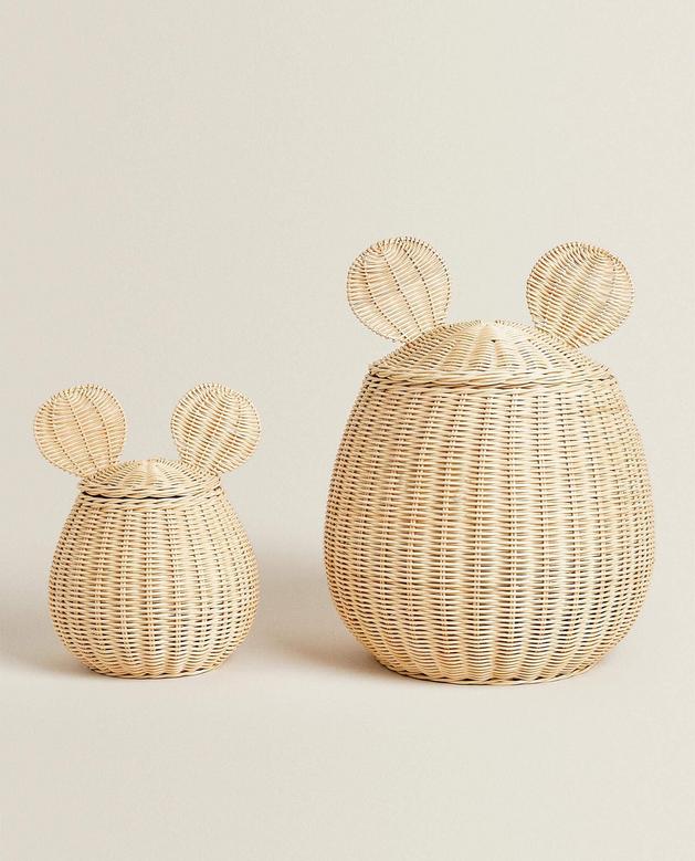 Set of 3 Rattan Baskets With Ears Woven Beige Rattan Basket For Kid
