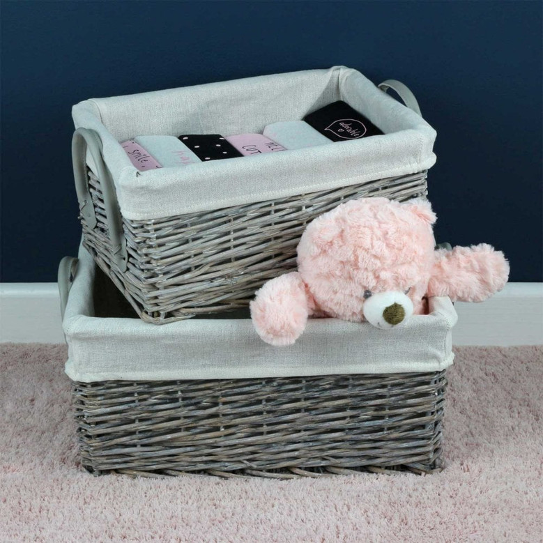 Set of 3 Rectangular Wicker Basket With Handles and Liner for Home Storage