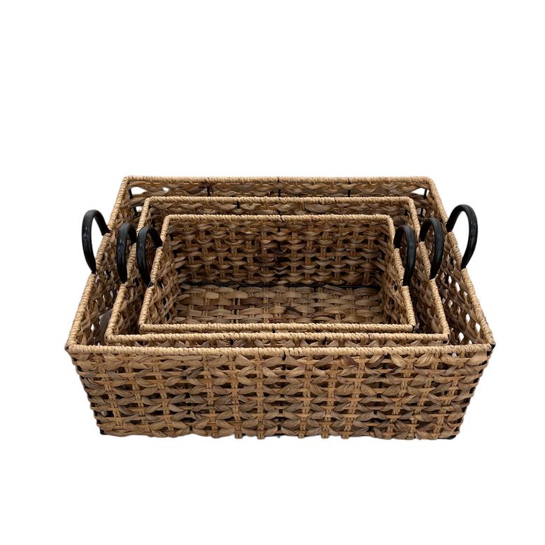 Set of 3 Square Water Hyacinth Material Woven Wicker Basket For Storage