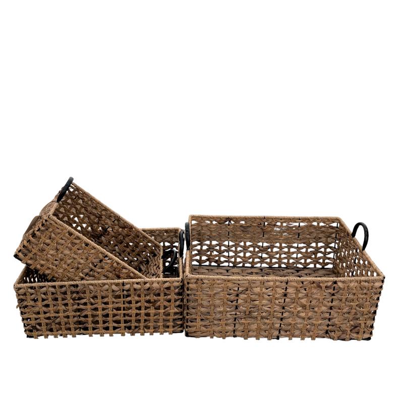 Set of 3 Square Water Hyacinth Material Woven Wicker Basket For Storage