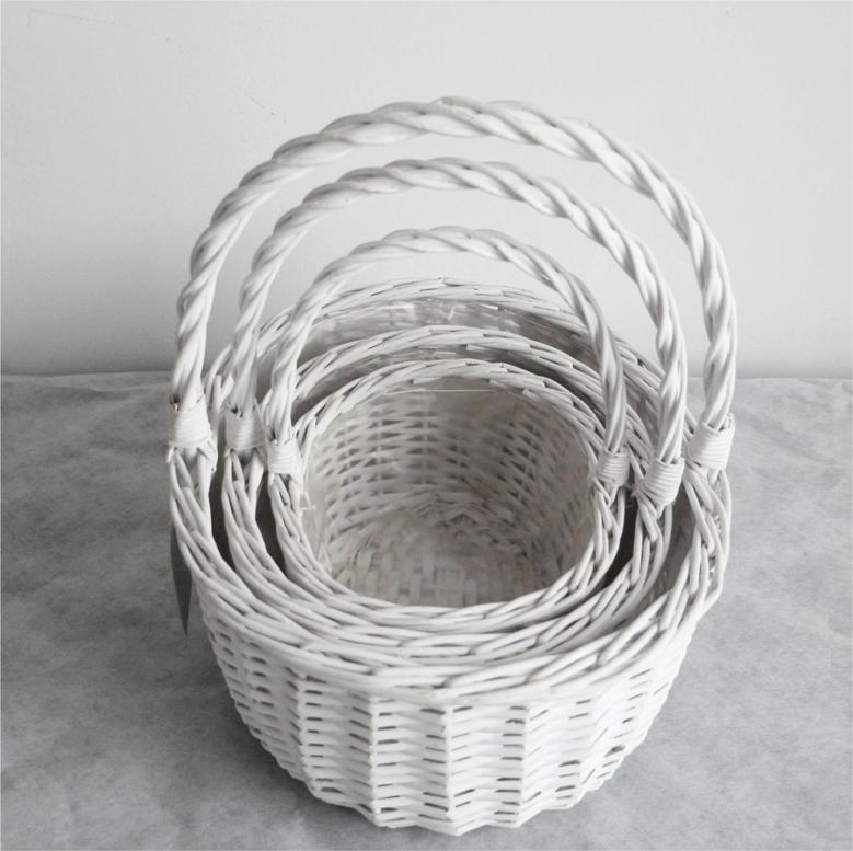 Set of 3 White Wicker Woven Basket Flower Gifts Storage With Handle Handmade Willow Rattan Wicker Baskets