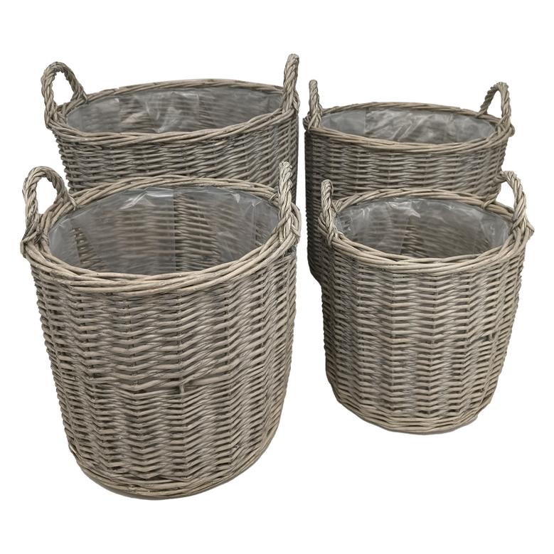Set of 4 Environmentally Friendly Grey Rattan Round Wicker Log Baskets