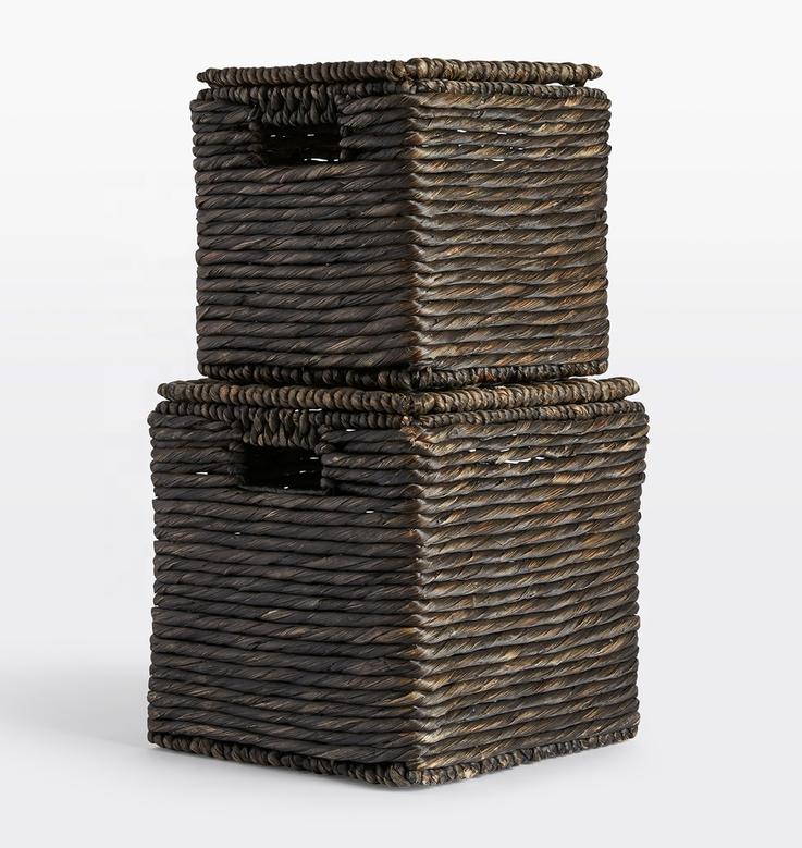 Square Hand Woven Black Water Hyacinth Baskets Storage Household Stackable Metal Feature
