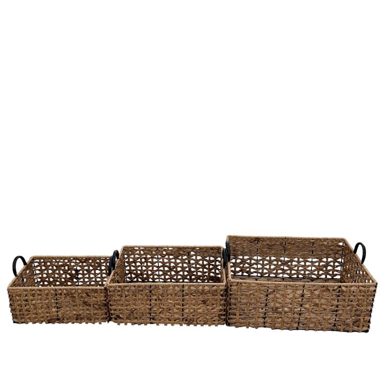 Set of 3 Square Water Hyacinth Trays Woven Wicker Basket For Storage & Organizers