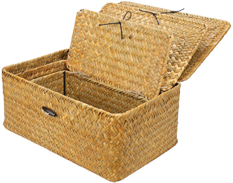 Set of 3 Medium Woven Wicker Storage Bins With Lid Natural Seagrass Storage Baskets