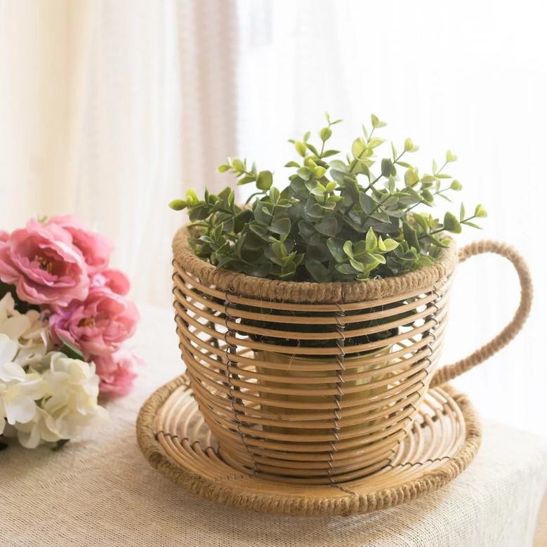 Tea Cup Planter Tea Cup Shape Basket Eco friendly Basket Rattan Cute Indoor Planter Plants And Pots For Home Decor