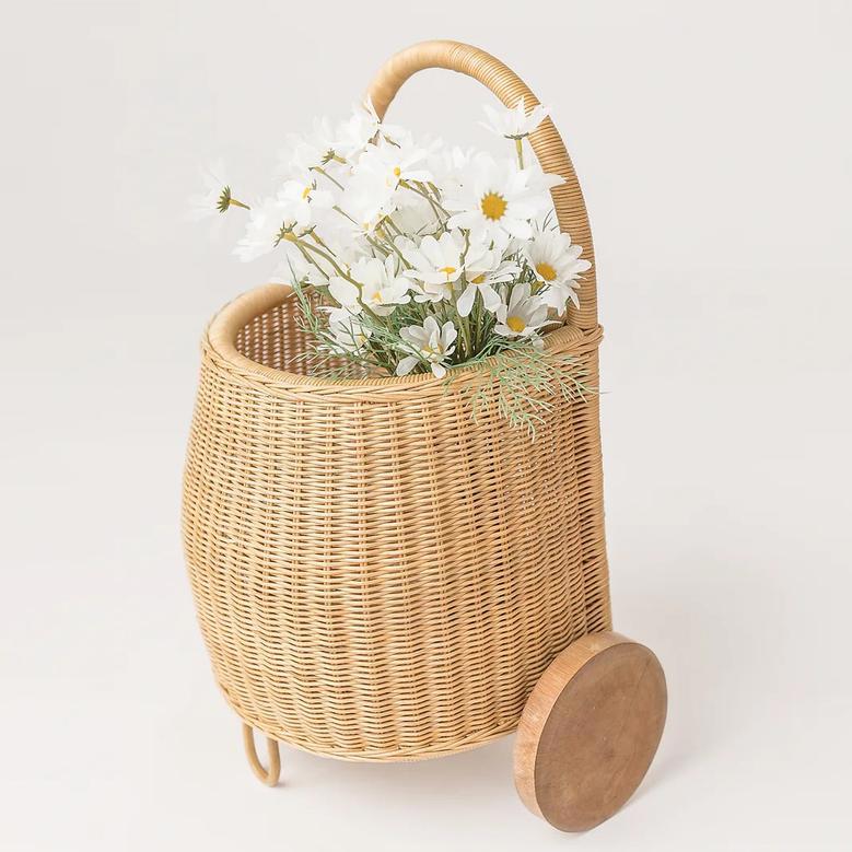 Versatile Rattan Standing With Arched Handle Rustic Charm Rattan Storage Wagon For Kids