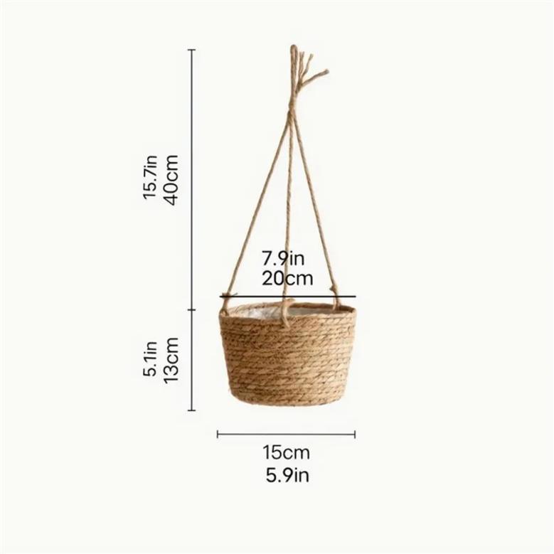 Vintage Foldable Hanging Flower Basket For Plant Pastoral Style Woven Straw Flower Basket