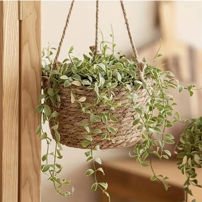 Vintage Foldable Hanging Flower Basket For Plant Pastoral Style Woven Straw Flower Basket