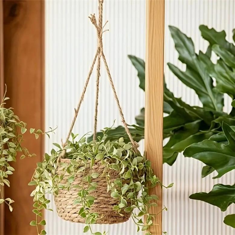 Vintage Foldable Hanging Flower Basket For Plant Pastoral Style Woven Straw Flower Basket