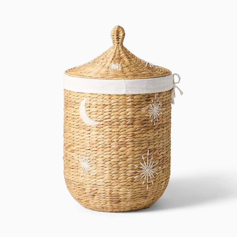 Water Hyacinth Basket With Lids Embroidered Storage Basket With Linen Liner Hamper For Kids And Babies Room