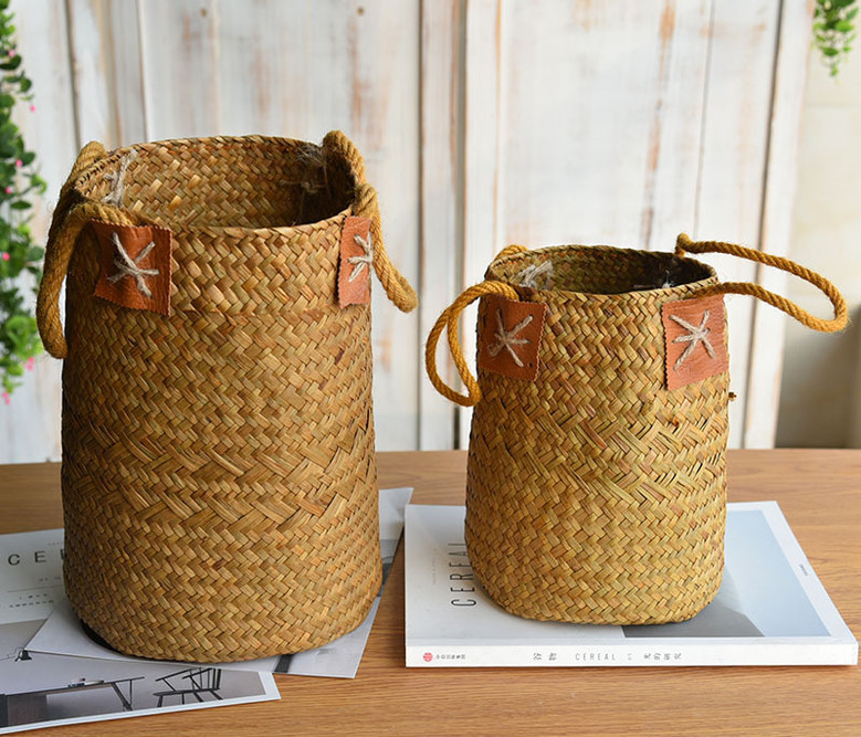 Brown Wicker Baskets - Handwoven Seagrass Storage Basket with Handle for Plants & Flowers