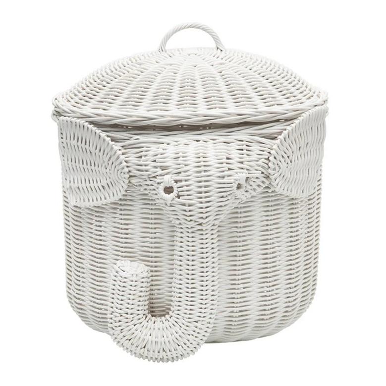 White Elephant Wicker Storage Basket With Lid For Kids Home Decor