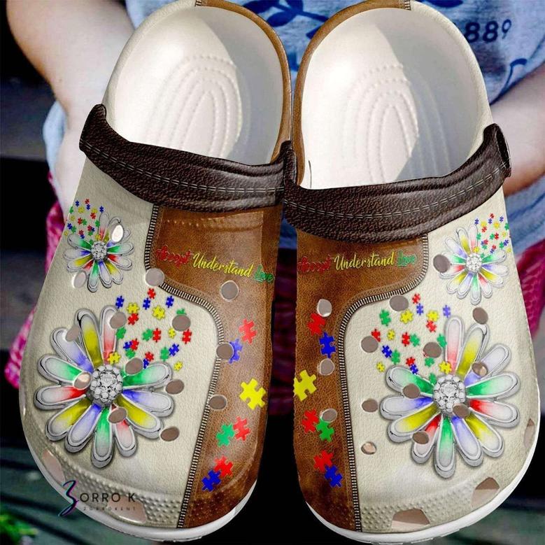 Autism Awareness Day Daisy Flower Accept Understand Love Puzzle Pieces Crocband Clog Shoes