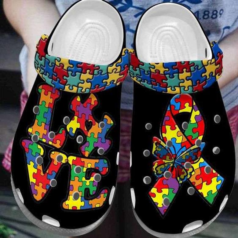 Autism Awareness Day Love Autism Butterfly And Ribbon Puzzle Pieces Crocband Clog Shoes