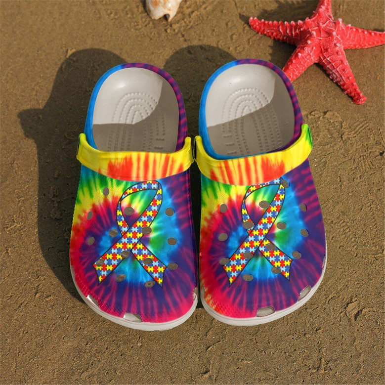 Autism Awareness Ribbon Tie Dye Color Clogband Clog Shoes