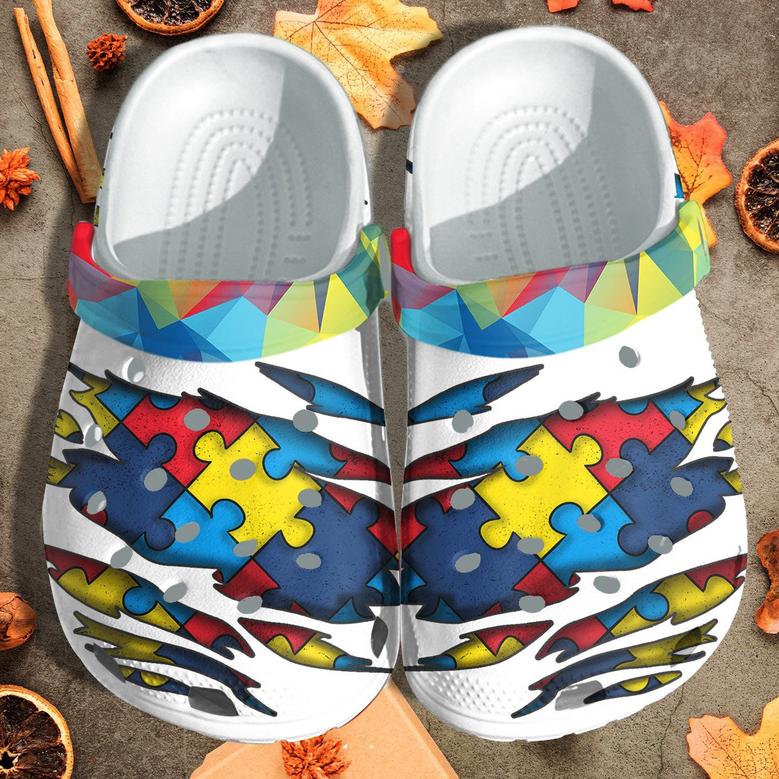 Autism Puzzel Tear Style Shoes Vintage - Autism Awareness White Shoes Croc Clogs Gifts For Son