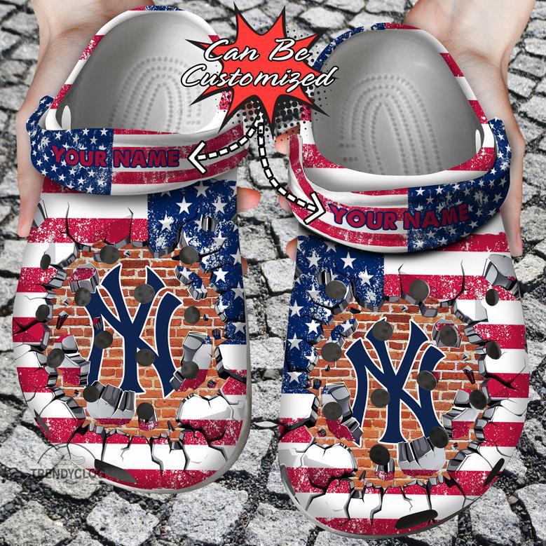 Baseball Personalized Ny Yankees American Flag Breaking Wall Clog Shoes