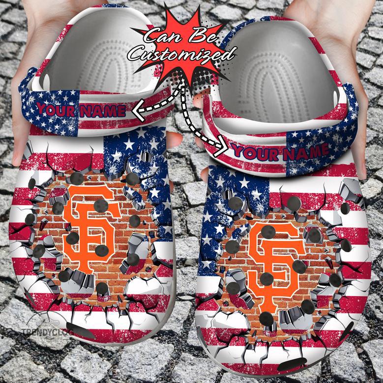 Baseball Personalized Sf Giants American Flag Breaking Wall Clog Shoes