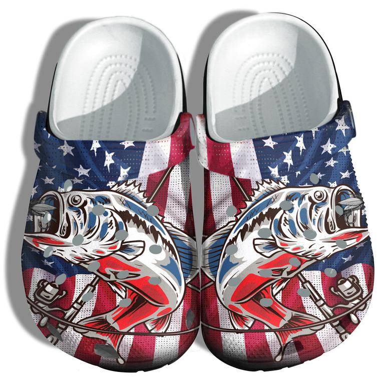 Bass Fishing Camping 4Th Of July Shoes Gift Men- Hook Fishing Sea Beach America Flag Shoes Gift Father Day