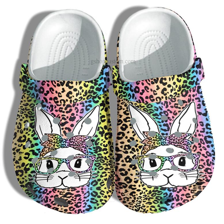 Bunny Easter Day Leopard Rainbow Color Shoes - Happy Easter Day Bunny Cute Shoes Croc Clogs