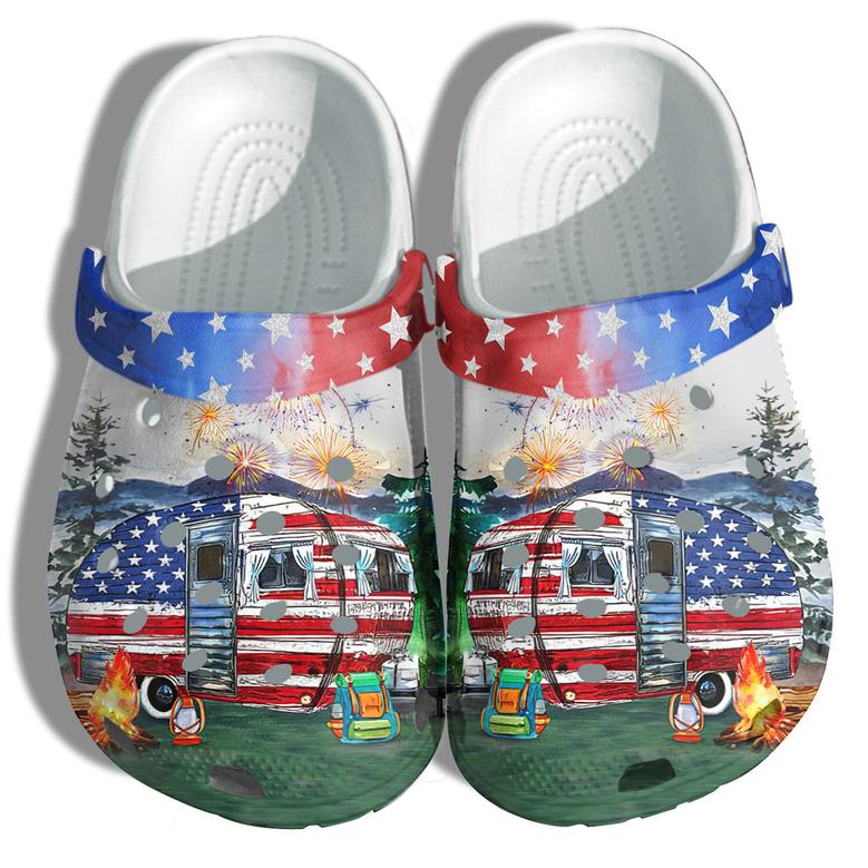 Camping Bus Happy New Year America Flag Shoes Gift Women - Forest 4Th Of July Celebrate National Day Shoes Birthday Gift