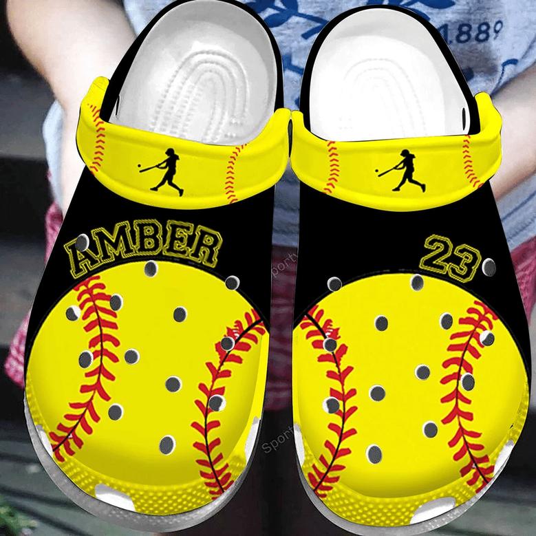 Custom Name And Number Softball Player Black Yellow Clogs Shoes