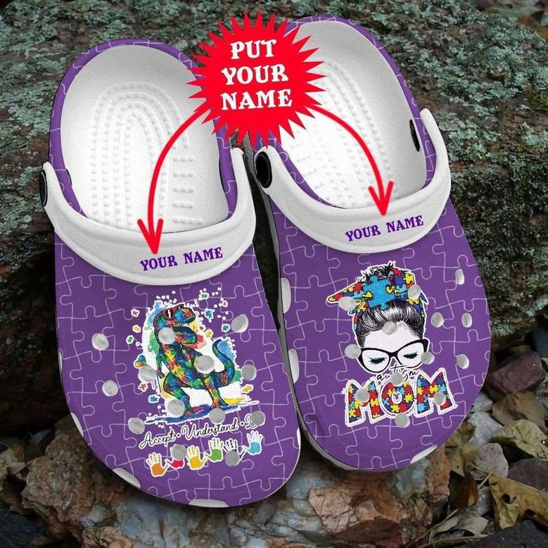 Custom Name Autism Awareness Day Autism Mom Messy Bun Puzzle Pieces Mothers Day Crocband Clog Shoes