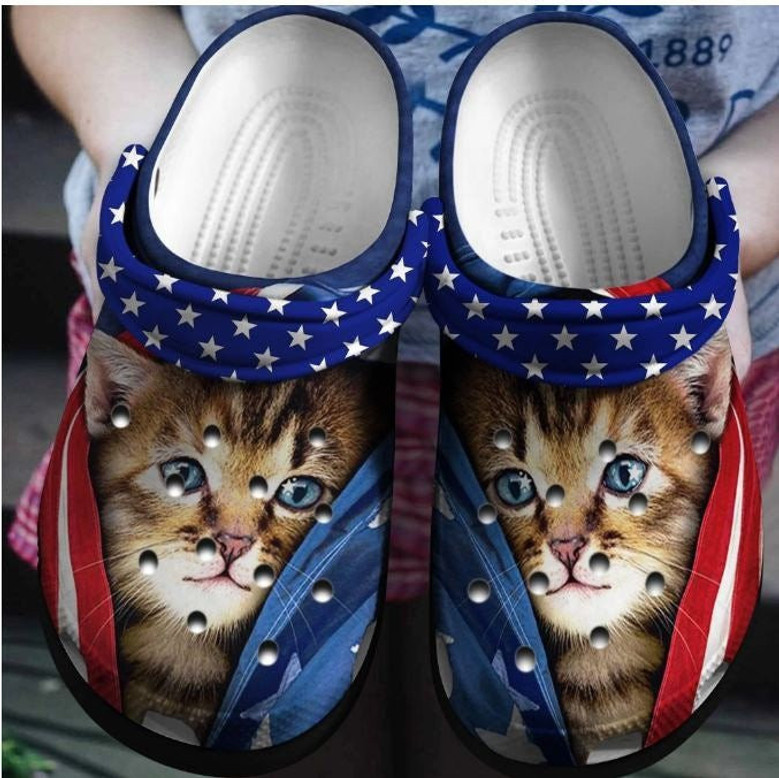 Cute Cat Us Shoe 4Th Of July Animal Happy Independence America Clog Shoes Gift For Women Men Monsterry