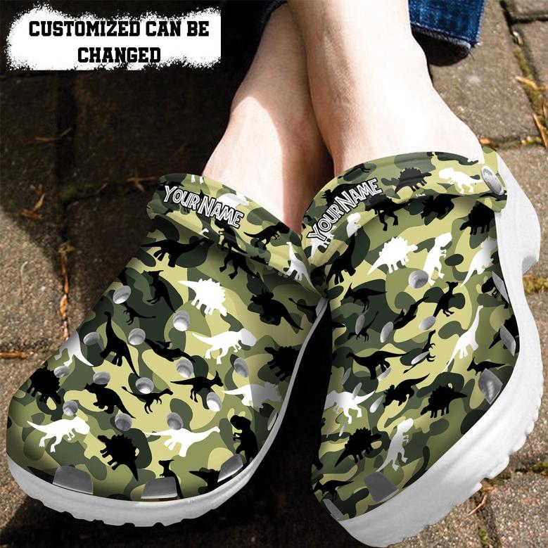 Dinosaur Camo Military Shoes Gifts Son Husband - Dinosaur Camouflage Shoes Croc Clogs Customize Father Day Gift