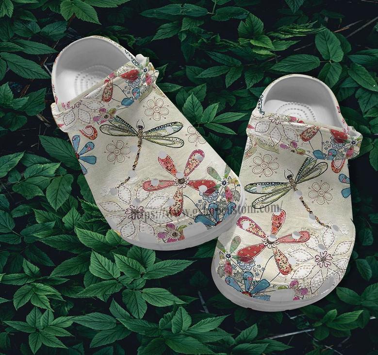Dragonfly Flower Boho Vintage Croc Shoes- Dragonfly Peace Hippie Shoes Croc Clogs Gift Grandaughter