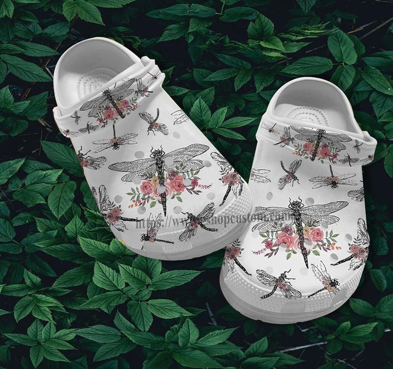 Dragonfly Flower Sketch Croc Shoes Gift Niece- Dragonfly Gir Lover Shoes Croc Clogs Birthday