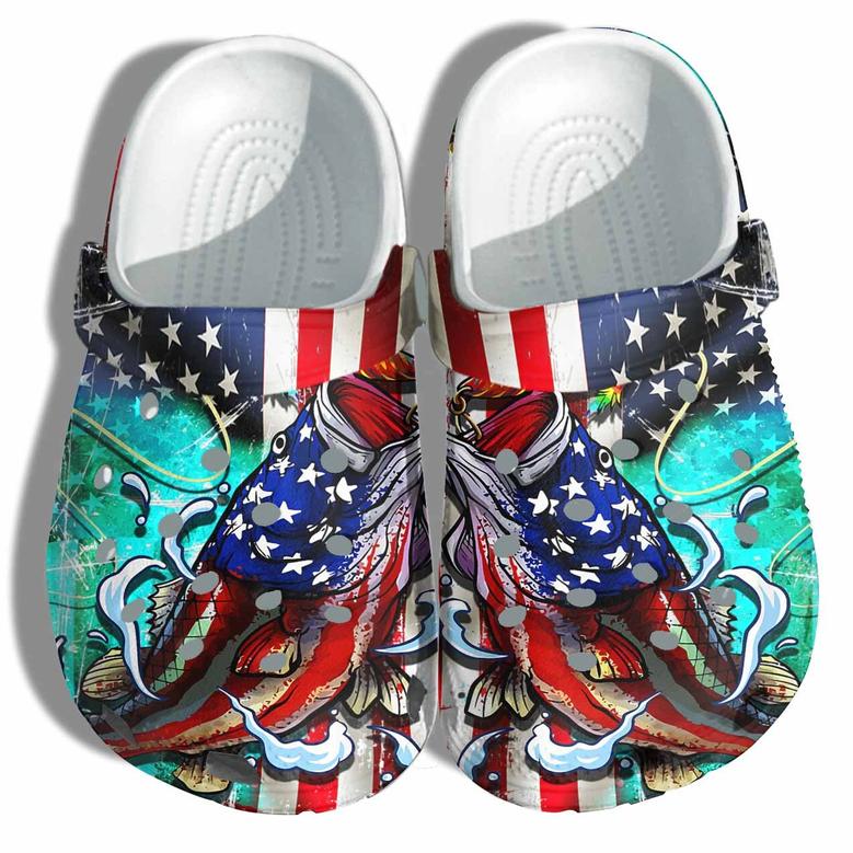 Fishing America Flag Croc Shoes Gift Men - Fish Ocean 4Th Of July Twinkle Sea Shoes Camping Gift