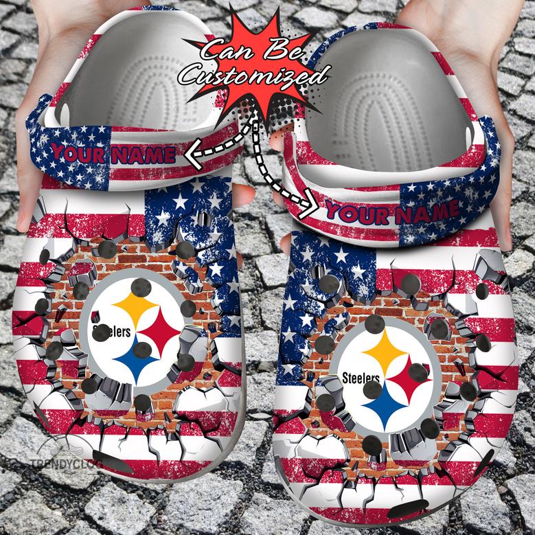 Football Personalized Psteelers American Flag Breaking Wall Clog Shoes